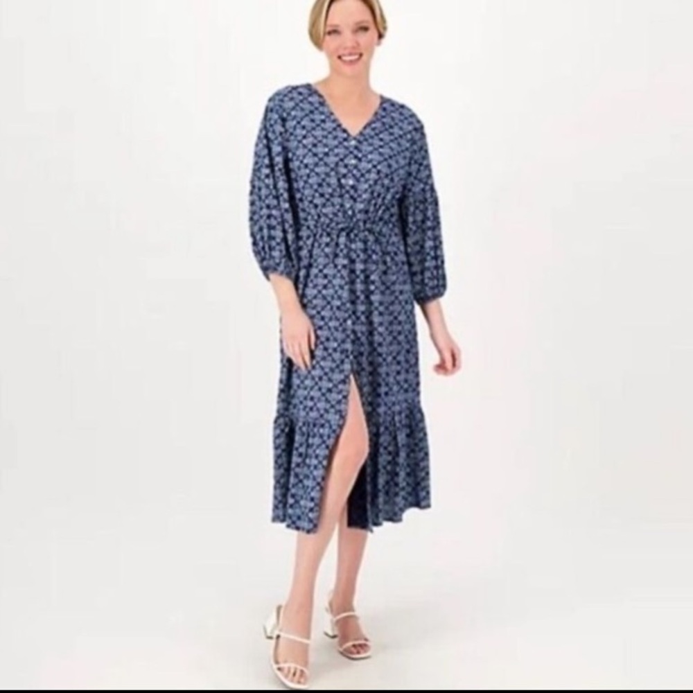 Candace Cameron Bure Blue Geometric V-Neck Puff Sleeve Button Front Dress M NWOT